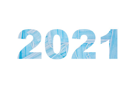 Isolated year 2021 graphic with surgery mask background and copy space.