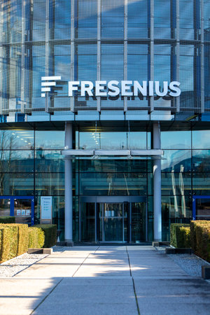 Entrance of a Fresenius building in Bad Homburg, Germany on January 10th, 2021 with logo. Health group with products and services for dialysis, hospital and outpatient care. Horizontalのeditorial素材