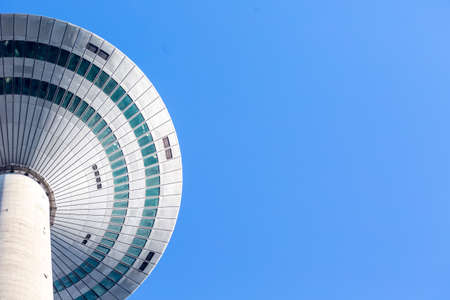 Frankfurt, Germany - February 21, 2021 - Europaturm or tower of europe with copy space, blue sky, in Frankfurt, Germany. Horizontalのeditorial素材