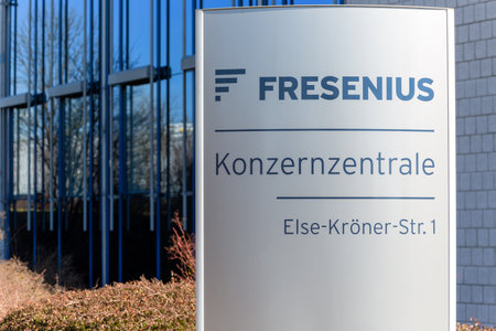 Bad Homburg, Germany - March 7th, 2021. Company sign to headquarters of Fresenius, for products and services for dialysis. Horizontalのeditorial素材