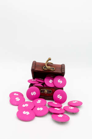 treasure chest with buttons made of dollar sign, symbolizes saving and wareissing money at home or...
