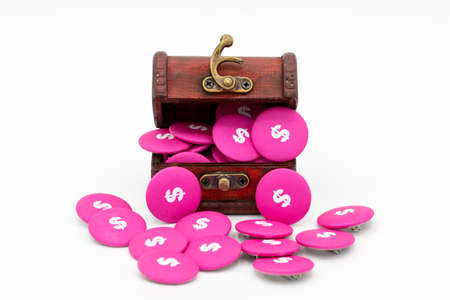 treasure chest with dollar sign buttons, symbolizes saving or wareissing money at home or winning money jackpot. Horizontalの写真素材