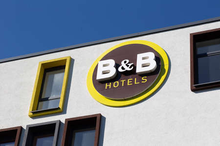 Bad Homburg, Germany - 07.03.2021, exterior view of ab and b hotel with hotel facade, colorful and company logo. Horizontalのeditorial素材