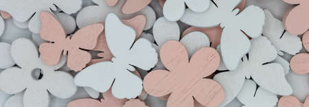 flowers and butterflies made of wood to summer and spring topics as background in different colors like gray and white. panoramicの写真素材