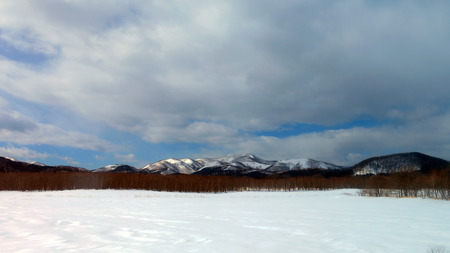 Snow mountain and forest in Hokkaidoの写真素材