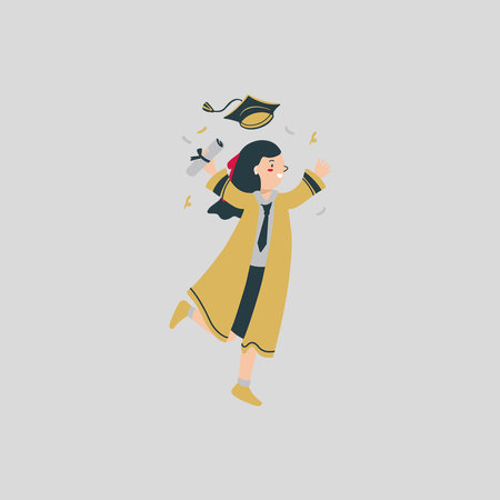 Playful Girl Raising a Rolled Certificate Hand Drawn Graduation Illustrationのイラスト素材