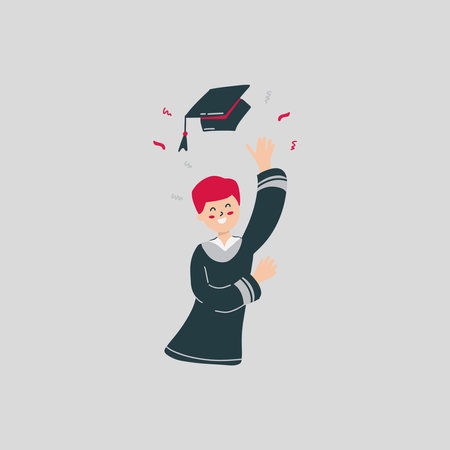 Playful Boy Throwing a Graduation Cap Hand Drawn Graduation Illustrationのイラスト素材