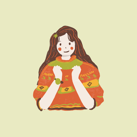 Cheerful Woman in Sweater Hand Drawn Autumn Illustrationのイラスト素材
