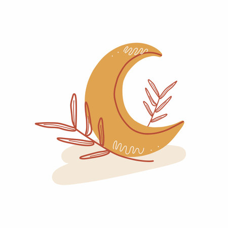 Cute Boho Crescent Moon and Leaves Hand Drawn Boho Illustrationのイラスト素材