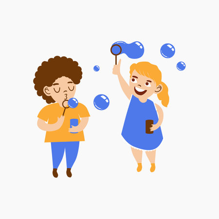 Kids Playing Soap Bubbles Illustrationのイラスト素材