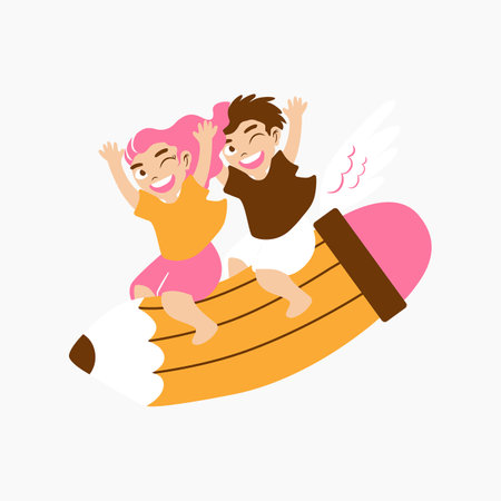 Kids Riding a Flying Pencil Illustrationのイラスト素材