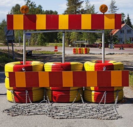 warning sign and stop at road constructionの写真素材