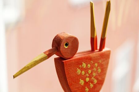 Umea, Sweden - July 28, 2019: fantasy wooden bird as a work of art in windows at Umedalenのeditorial素材