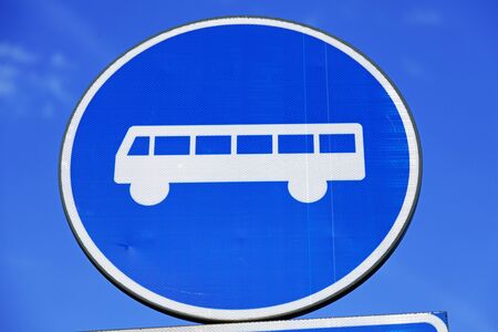 traffic sign for bus allowed mandatory sign. blue background with white bus icon on top.の写真素材