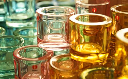 Umea, Sweden - September 5, 2019: lots of different colored glass lanterns at an interior storeのeditorial素材