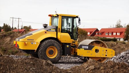 Umea, Sweden - September 6, 2019: a large steam roller that stands on a future highway