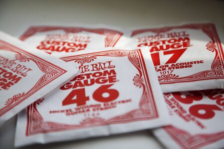 Umea, Norrland Sweden - September 27, 2019: different guitar strings with different thicknesses in...