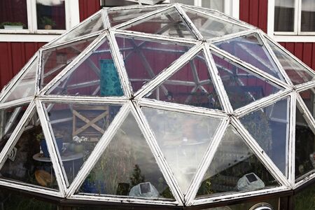 Umea, Norrland Sweden - October 9, 2019: spherical greenhouse with many triangular windows