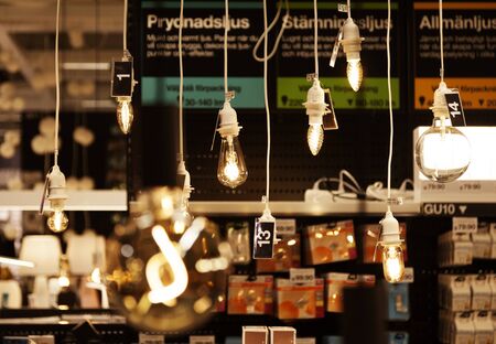 Umea, Sweden - October 15, 2019: lots of different lights in the lamp shopのeditorial素材