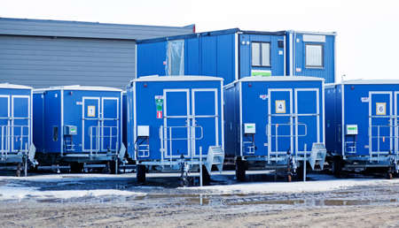 Umea, Norrland Sweden - April 7, 2020: lots of construction barracks and trailers