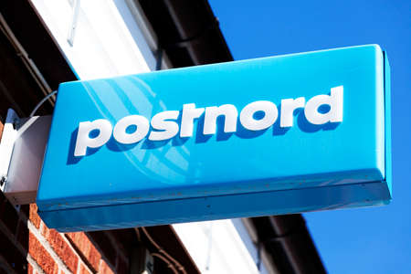 Umea, Norrland Sweden - June 8, 2020: blue and white sign with the text - post northのeditorial素材