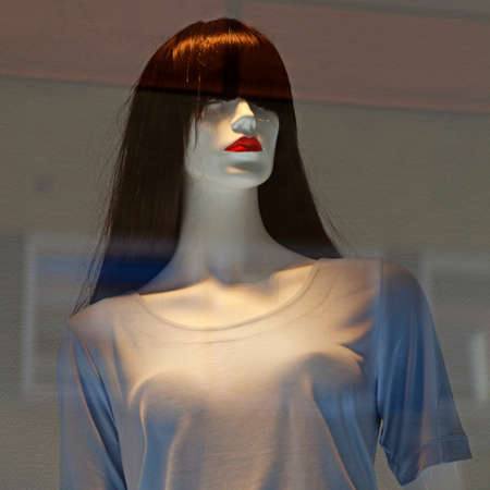 Skelleftea, Norrland Sweden - August 1, 2020: mannequin with red lips shows summer fashion