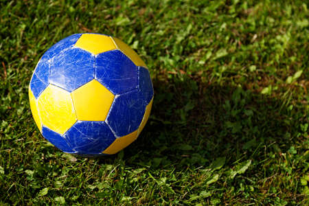 yellow and blue football on green grassの写真素材