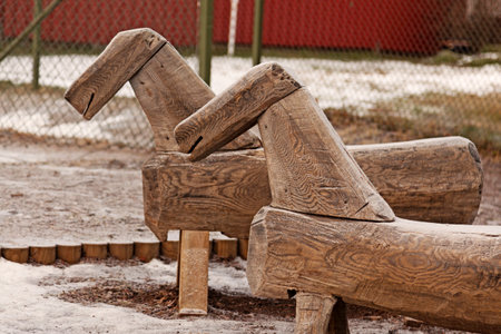 two wooden toy horses in the schoolyardの写真素材