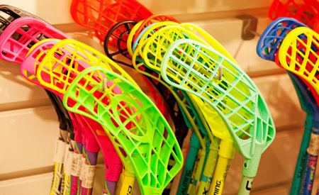 Umea, Norrland Sweden - May 22, 2019: lots of different floorball clubs in a sports shopのeditorial素材