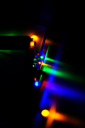 colored lights in a row by the stair railingの写真素材