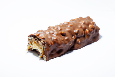 a half-eaten chocolate bar on a white background