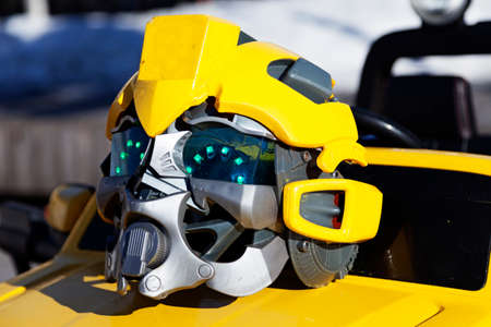 yellow toy helmet for robot figureの写真素材