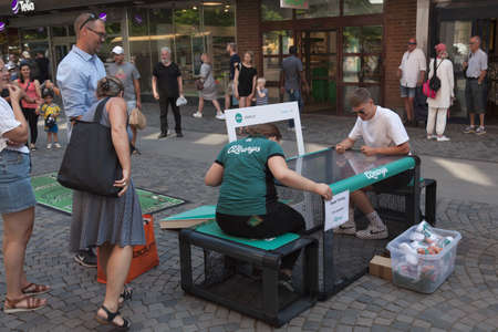 Gavle, Norrland Sweden - July 13, 2021: football under a table in the middle of the city center
