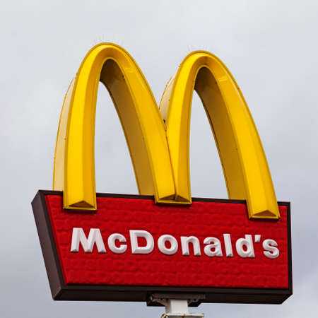 Umea, Norrland Sweden - October 2, 2021: sign for hamburger chain with nails at the top against...