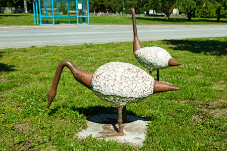 Nordmaling, Norrland Sweden - June 9, 2021: two geese as sculptures outside the town hallのeditorial素材