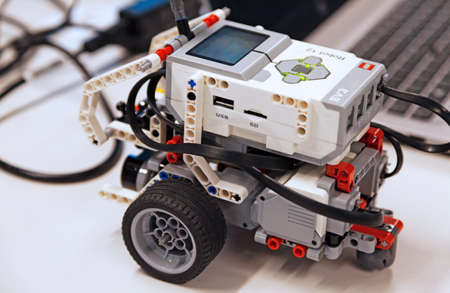 Umea, Norrland Sweden - November 21, 2021: programmable Lego robot on desk