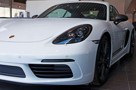 Umea, Norrland Sweden - May 26, 2020: white sports car inside the Porsche storeのeditorial素材