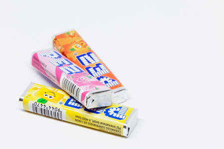Umea, Norrland Sweden - March 5, 2020: three unopened PEZ packages with sweetsのeditorial素材