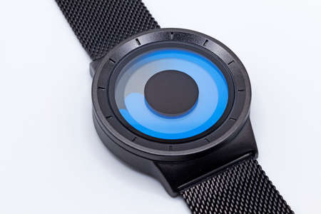 Umea, Norrland Sweden - May 30, 2022: wristwatch with different blue hands