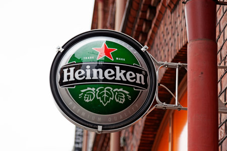 Vaasa, Finland - June 21, 2022: advertising sign for famous beer brand from the Netherlandsのeditorial素材