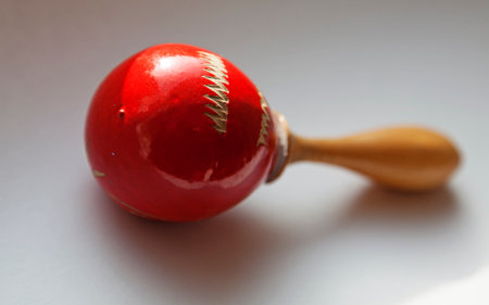 a red wooden maracas against a light background