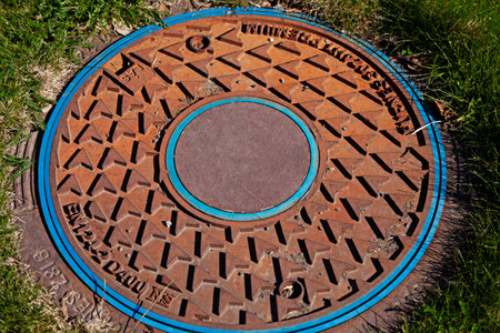 A circular rusty brown manhole cover with a textured pattern and blue-painted rim sits embedded in grass, featuring a central access point and manufacturer markings around the perimeter.の写真素材