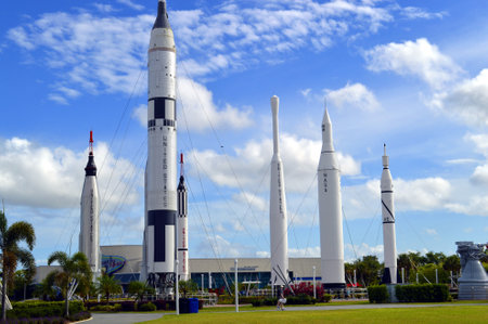 Cape Canaveral, Florida, USA - May 6, 2015: Apollo rockets on displayin the rocket garden at Kennedy...