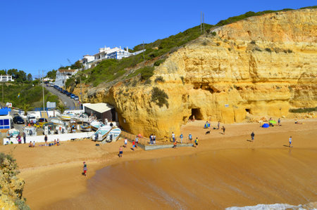 Benagil, Algarve, Portugal - October 27, 2015: Tourists enjoying Benagil Beach in Portugalのeditorial素材