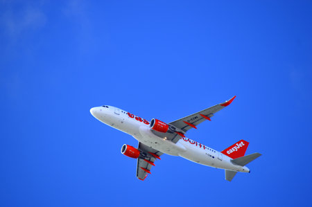 Faro, Algarve, Portugal - October 29, 2015 : Easyjet Airbus A320 aircraft taking off from Faro...