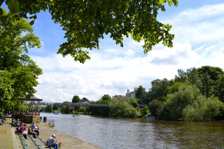 Chester, England, UK, Europe - May 26, 2014 : Tourists on the River Dee bank in Chester City centreのeditorial素材