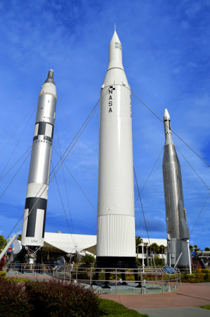 Cape Canaveral, Florida, USA - May 6, 2015: Apollo rockets on display in the rocket garden at Kennedy Space Centerのeditorial素材