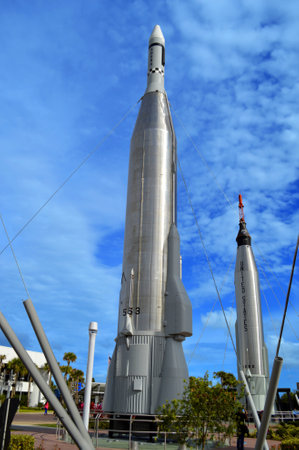 Cape Canaveral, Florida, USA - May 6, 2015: Apollo rockets on display in the rocket garden at Kennedy Space Centerのeditorial素材