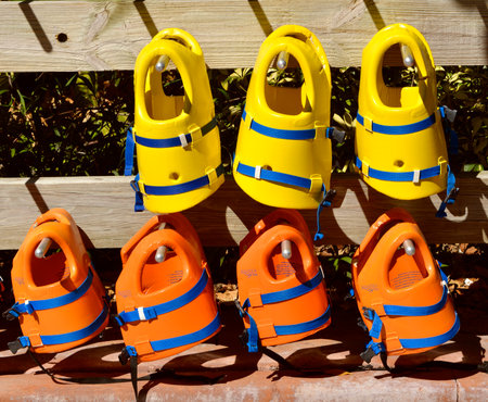 Aquatica water park, Orlando, Florida, USA - October 23, 2016: Life jackets for use in the adventure play area in Aquatica water parkのeditorial素材