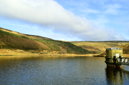 Yeoman Hey Reservoir above the village of Greenfield, on Saddleworth Moor in Greater Manchesterの写真素材
